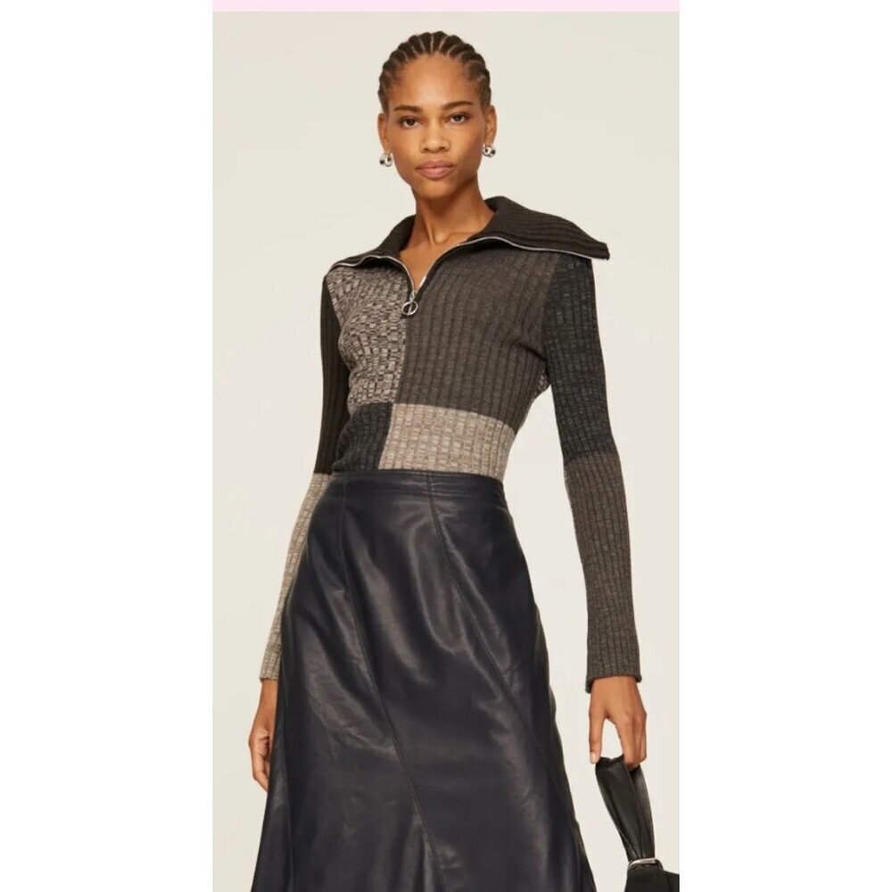 Sandro Paris Moria Sweater Size 3 US L Colorblock Rib Knit Zip Collar Pullover